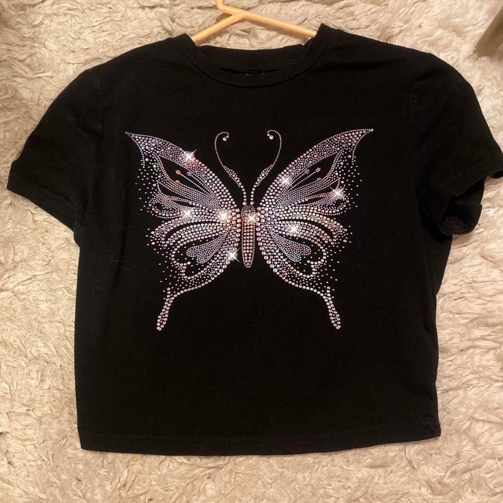 SHEIN Black Tee with Sparkling Butterfly Rhinestones